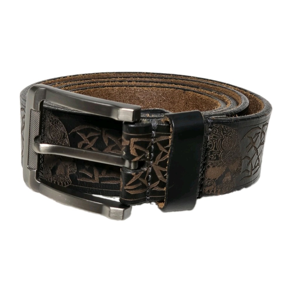 Embossed Skulls Leather Belt Men's Size 44 Made In India Black/Brown